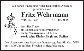 Traueranzeige von Fritz Wehrmann von Märkische Oderzeitung