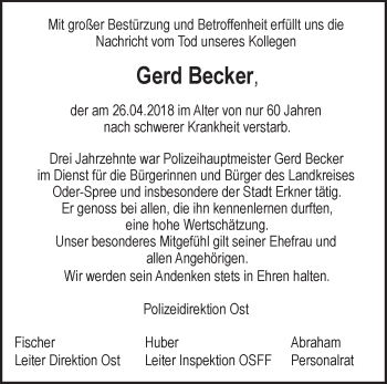 Traueranzeige von Gerd Becker von Märkische Oderzeitung
