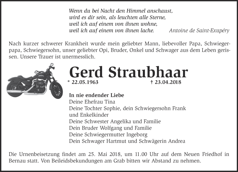 Traueranzeige für Gerd Straubhaar vom 12.05.2018 aus Märkische Oderzeitung