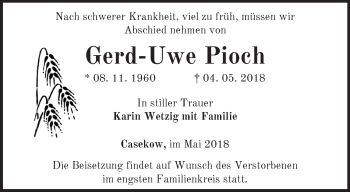 Traueranzeige von Gerd-Uwe Pioch von Märkische Oderzeitung