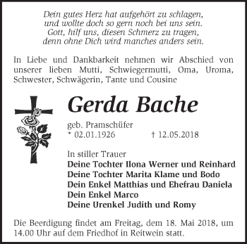 Traueranzeige von Gerda Bache von Märkische Oderzeitung