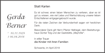 Traueranzeige von Gerda Berner von Märkische Oderzeitung