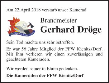 Traueranzeige von Gerhard Dröge von Märkische Oderzeitung