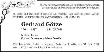 Traueranzeige von Gerhard Götze von Märkische Oderzeitung