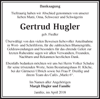 Traueranzeige von Gertrud Hugler von Märkische Oderzeitung