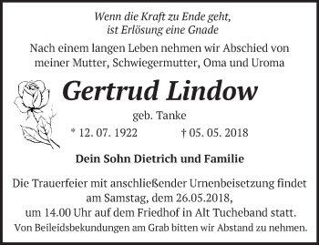 Traueranzeige von Gertrud Lindow von Märkische Oderzeitung