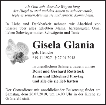 Traueranzeige von Gisela Glania von Märkische Oderzeitung