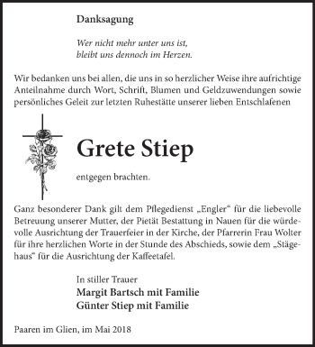 Traueranzeige von Grete Stiep von Märkische Oderzeitung