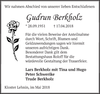 Traueranzeige von Gudrun Berkholz von Märkische Oderzeitung