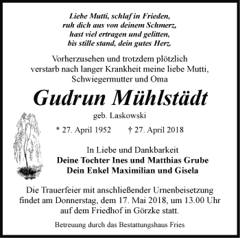 Traueranzeige von Gudrun Mühlstädt von Märkische Oderzeitung