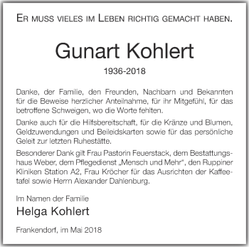 Traueranzeige von Gunart Kohlert von Märkische Oderzeitung