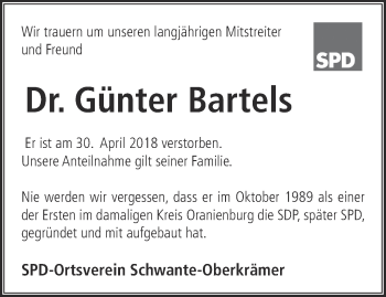 Traueranzeige von Günter Bartels von Märkische Oderzeitung