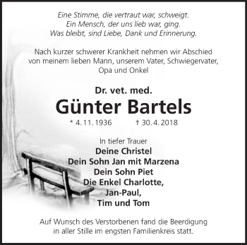 Traueranzeige von Günter Bartels von Märkische Oderzeitung