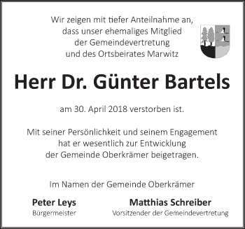 Traueranzeige von Günter Bartels von Märkische Oderzeitung