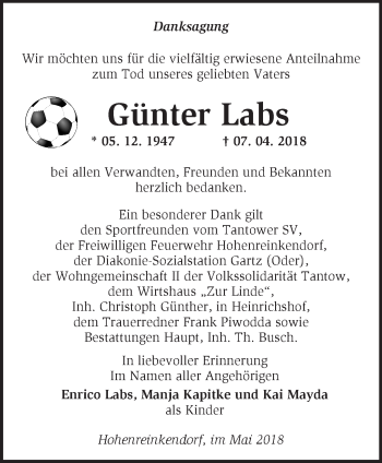 Traueranzeige von Günter Labs von Märkische Oderzeitung