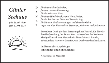 Traueranzeige von Günter Seehaus von Märkische Oderzeitung