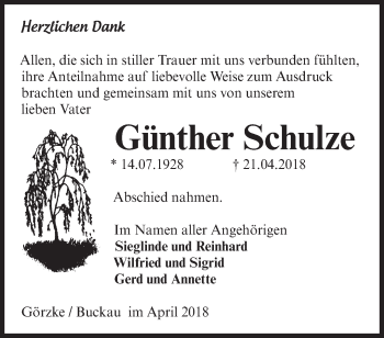 Traueranzeige von Günther Schulze von Märkische Oderzeitung