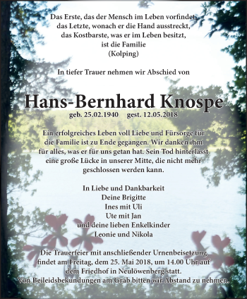 Traueranzeige von Hans-Bernhard Knosp von Märkische Oderzeitung