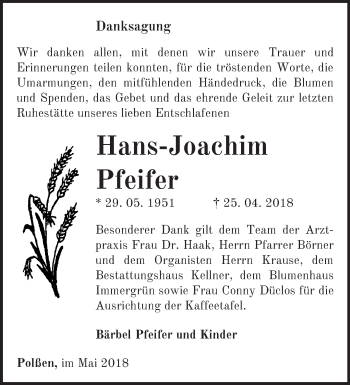 Traueranzeige von Hans-Joachim Pfeifer von Märkische Oderzeitung