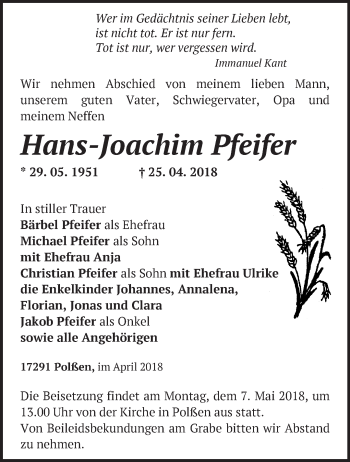 Traueranzeige von Hans-Joachim Pfeifer von Märkische Oderzeitung