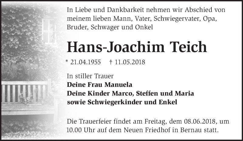  Traueranzeige für Hans-Joachim Teich vom 18.05.2018 aus Märkische Oderzeitung
