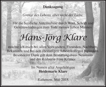 Traueranzeige von Hans-Jörg Klare von Märkische Oderzeitung