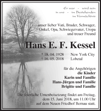 Traueranzeige von Hans Kessel von Märkische Oderzeitung