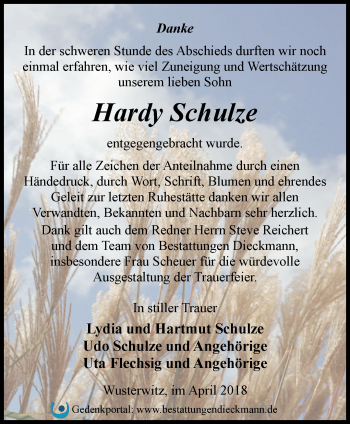 Traueranzeige von Hardy Schulze von Märkische Oderzeitung