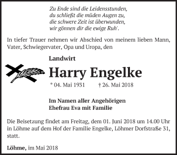 Traueranzeige von Harry Engelke von Märkische Oderzeitung