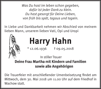 Traueranzeige von Harry Hahn von Märkische Oderzeitung