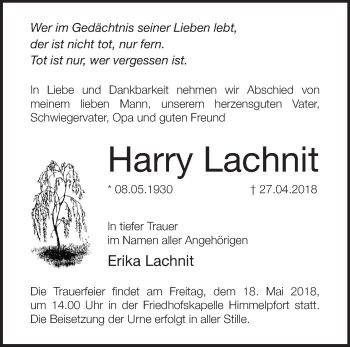 Traueranzeige von Harry Lachnit von Märkische Oderzeitung