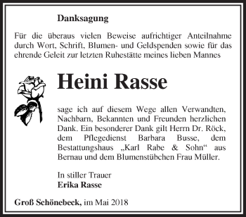 Traueranzeige von Heini Rasse von Märkische Oderzeitung