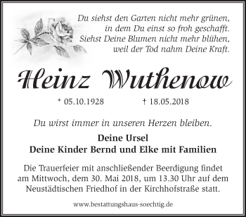 Traueranzeige von Heinz Wuthenow von Märkische Oderzeitung