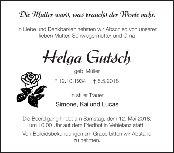 Traueranzeige von Helga Gutsch von Märkische Oderzeitung