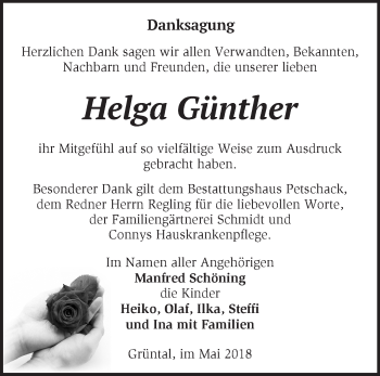 Traueranzeige von Helga Günther von Märkische Oderzeitung