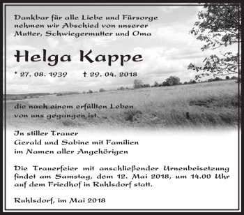 Traueranzeige von Helga Kappe von Märkische Oderzeitung