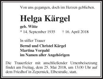 Traueranzeige von Helga Kärgel von Märkische Oderzeitung