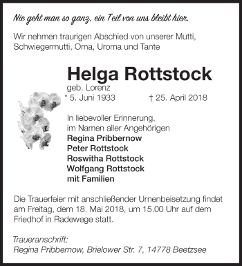 Traueranzeige von Helga Rottstock von Märkische Oderzeitung