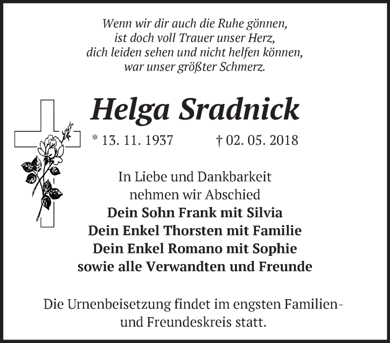  Traueranzeige für Helga Sradnick vom 05.05.2018 aus Märkische Oderzeitung