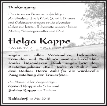 Traueranzeige von Helga Kappe  von Märkische Oderzeitung