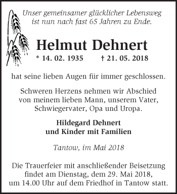 Traueranzeige von Helmut Dehnert von Märkische Oderzeitung