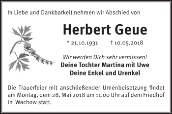 Traueranzeige von Herbert Geue von Märkische Oderzeitung