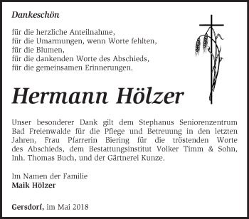 Traueranzeige von Hermann Hölzer von Märkische Oderzeitung