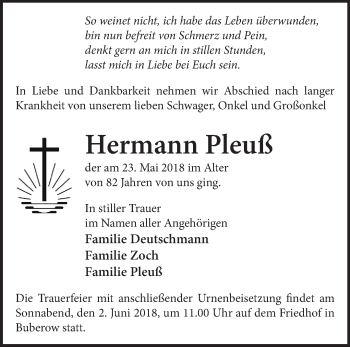 Traueranzeige von Hermann Pleuß von Märkische Oderzeitung