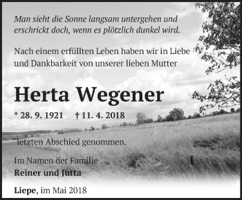 Traueranzeige von Herta Wegener von Märkische Oderzeitung