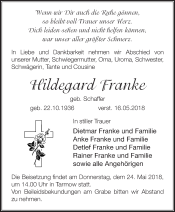 Traueranzeige von Hildegard Franke von Märkische Oderzeitung