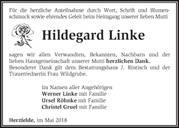 Traueranzeige von Hildegard Linke von Märkische Oderzeitung