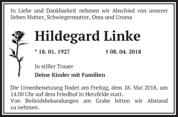 Traueranzeige von Hildegard Linke von Märkische Oderzeitung