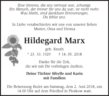 Traueranzeige von Hildegard Marx von Märkische Oderzeitung