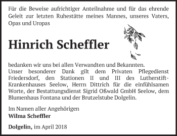 Traueranzeige von Hinrich Scheffler von Märkische Oderzeitung